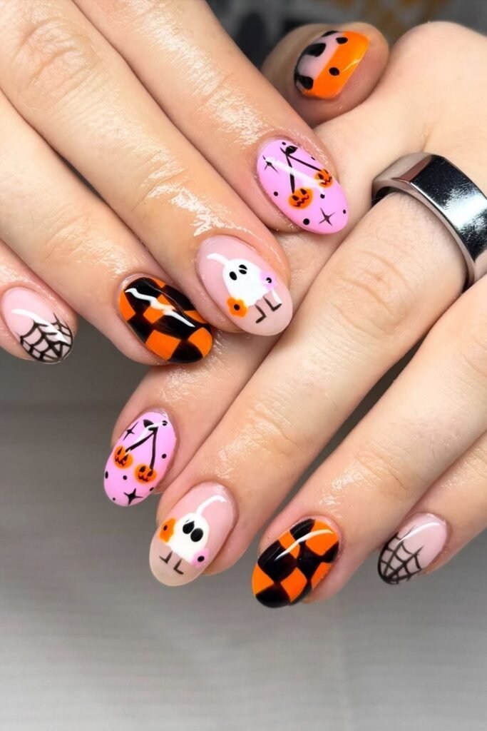 Pink Pumpkin Cherries With Orange Checkerboard Nails