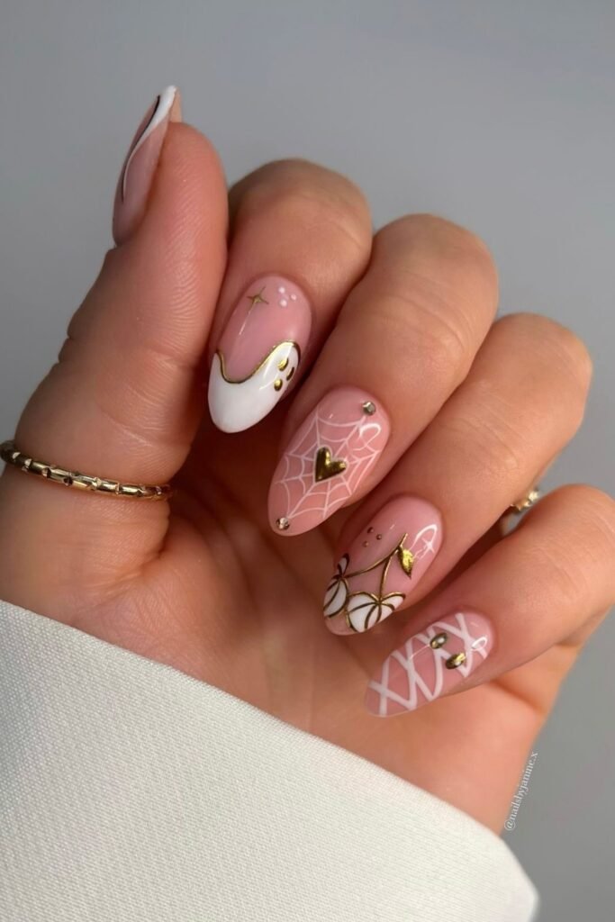 Pink, White and Gold Halloween Nail Art
