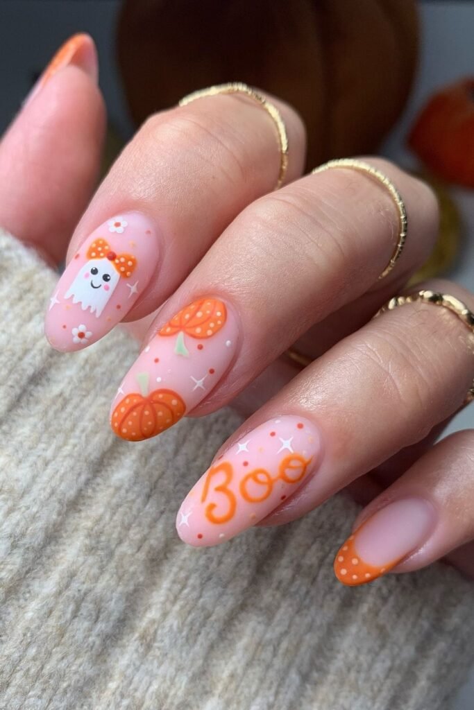 Pink and Orange “Boo” Nails With Dotted Pumpkin Details