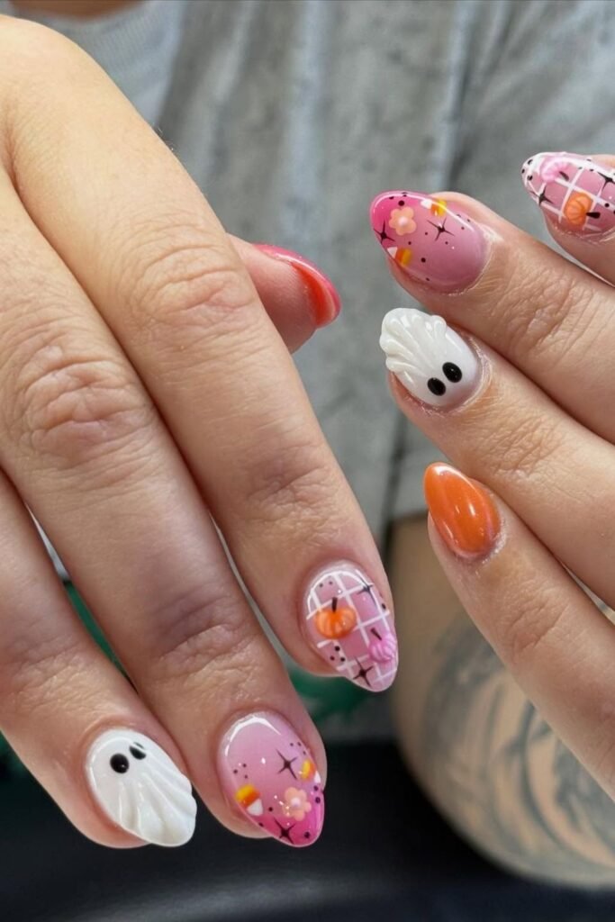 Pink and Orange Halloween Short Nails With 3D Ghosts