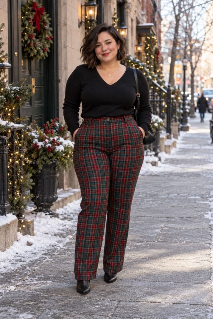 Plaid Trousers With a Black V Neck Sweater