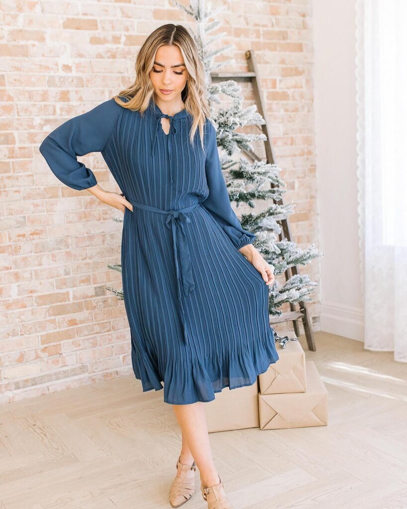 Pleated Blue Midi Dress With Soft Neutral Shoes