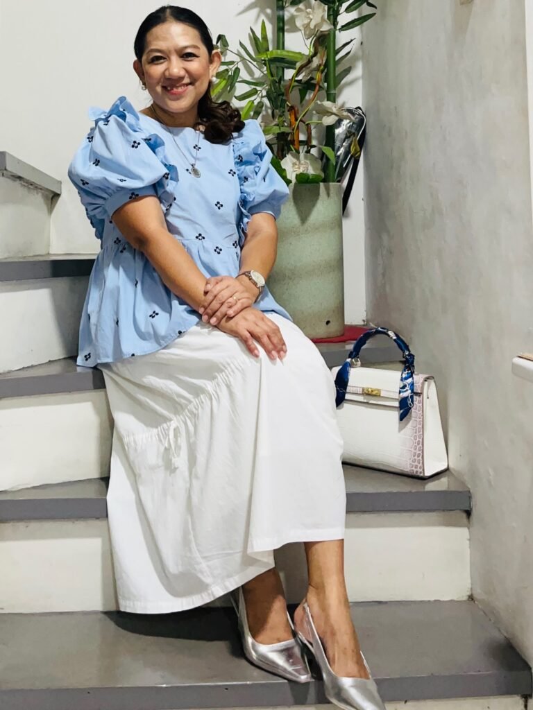 Powder Blue Puff Sleeve Top With a White Midi Skirt