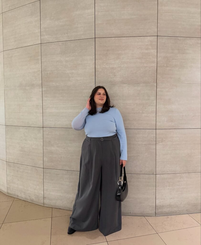 Powder Blue Top With Charcoal Wide Leg Trousers