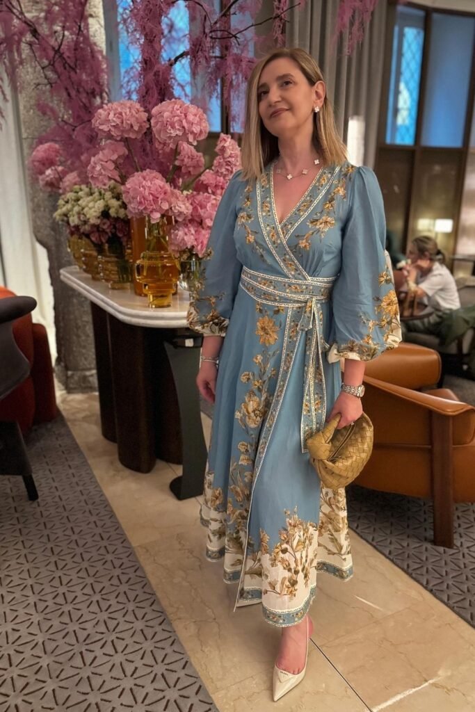 Powder Blue Wrap Dress With Gold Detail