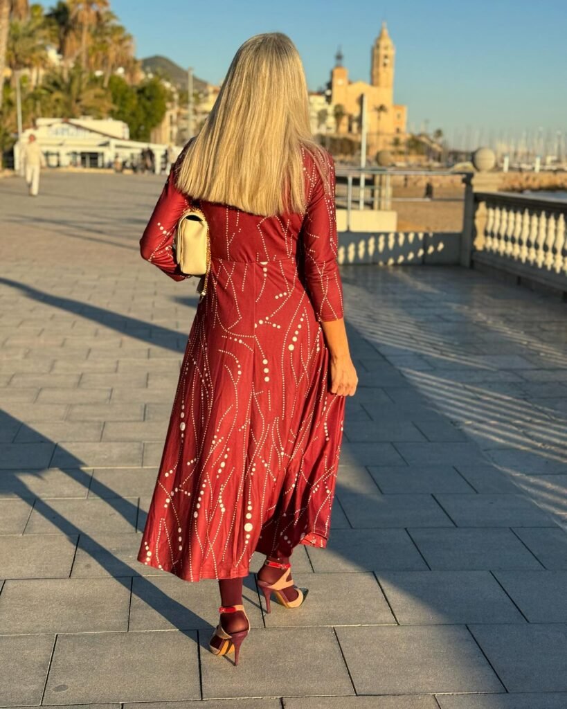 Printed Wine-Red Maxi Dress With Gold Accents
