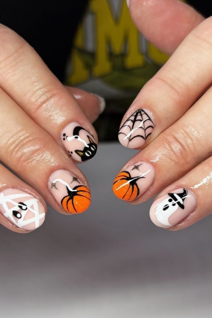 Pumpkin, Ghost and Black Cat Mix-and-Match Nails