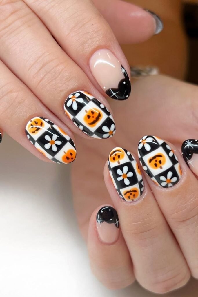 Pumpkin Gingham Nails With Black French Corners