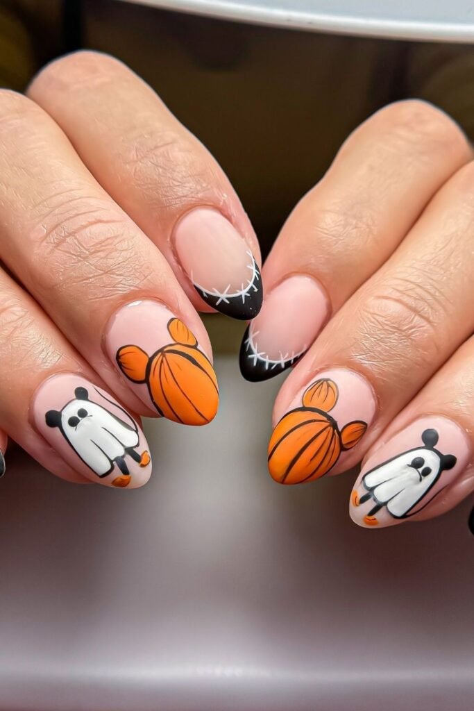 Pumpkin and Ghost Halloween Short Nails With Stitched Tips