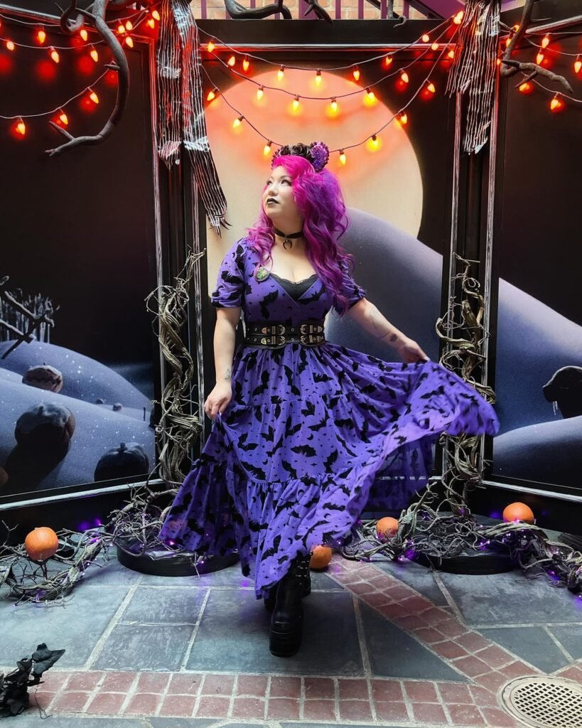Purple Bat Print Dress With Chunky Black Accessories