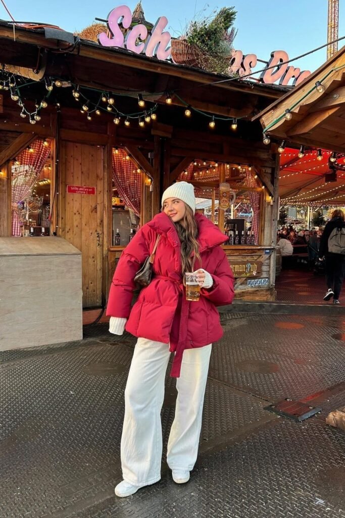 Red Belted Puffer With White Wide Leg Trousers