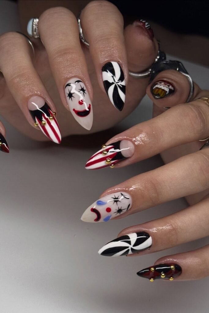 Red, Black, and White Circus Horror Nails