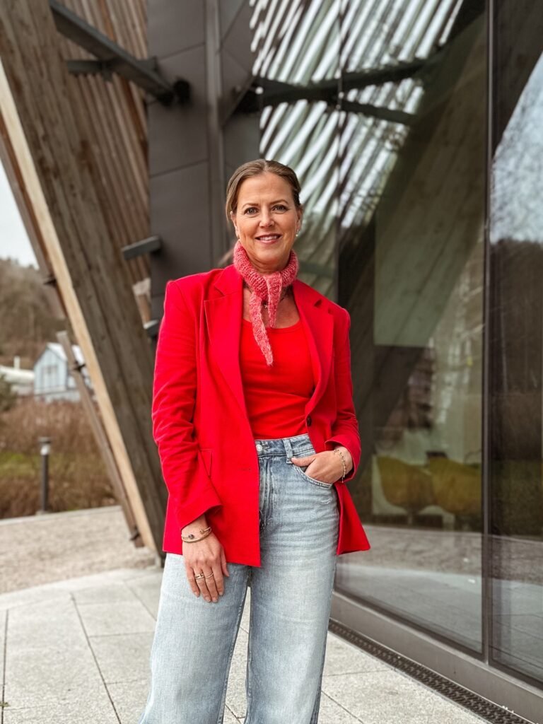 Red Blazer With Light-Wash Wide-Leg Jeans