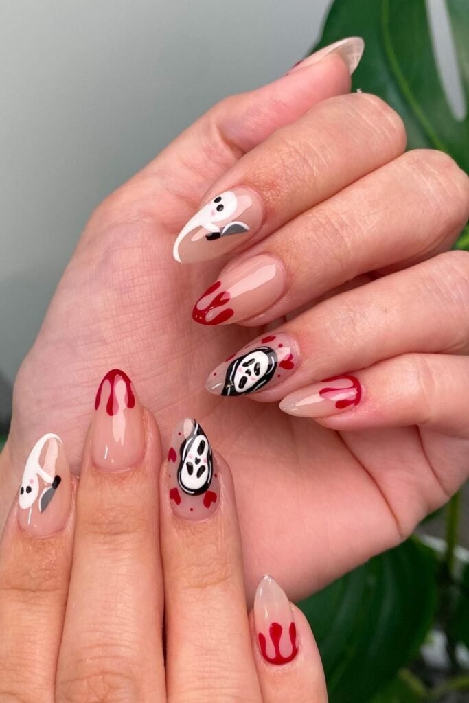 Red Blood Drips With Horror Mask Accent Nails