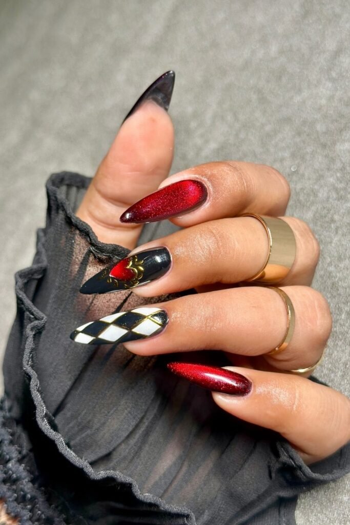 Red Cat Eye Harlequin Nails With Black and Gold
