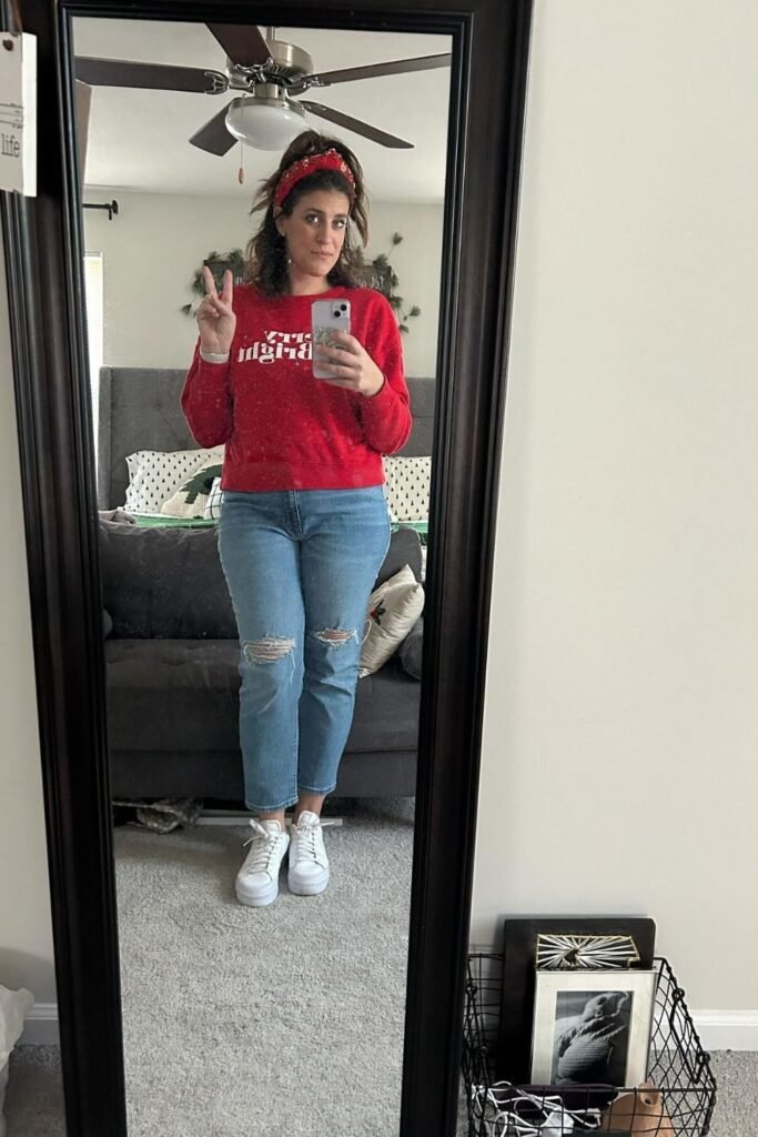 Red Christmas Sweatshirt With Straight Leg Jeans