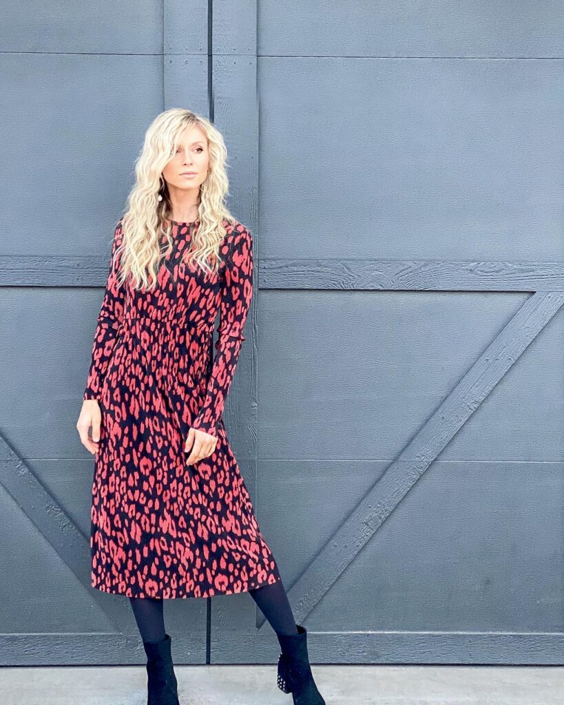 Red Leopard Midi Dress With Black Ankle Boots