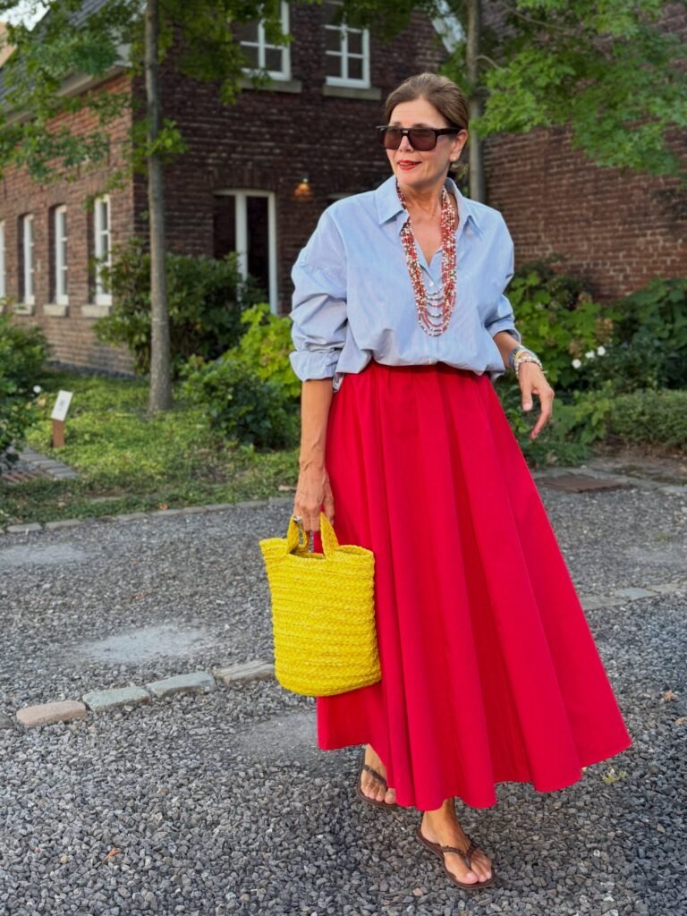 Red Maxi Skirt With an Oversized Blue Shirt