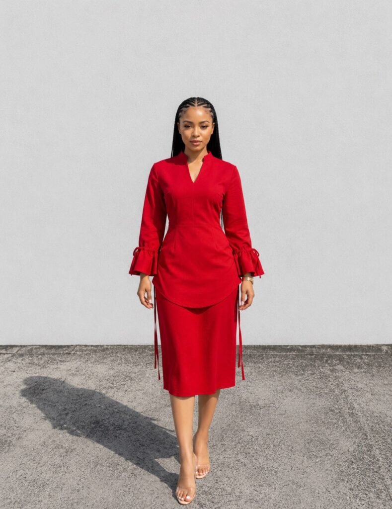 Red Midi Christmas Outfit With Tie Cuffs