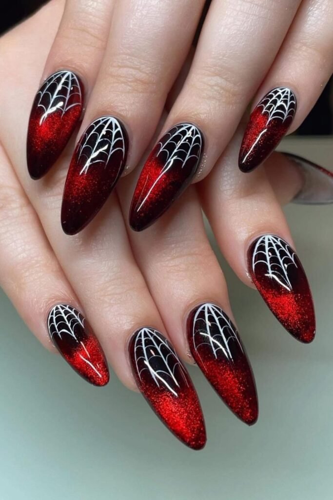 Red Ombre Spiderweb Nails