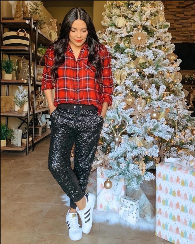 Red Plaid Shirt With Black Sequin Joggers