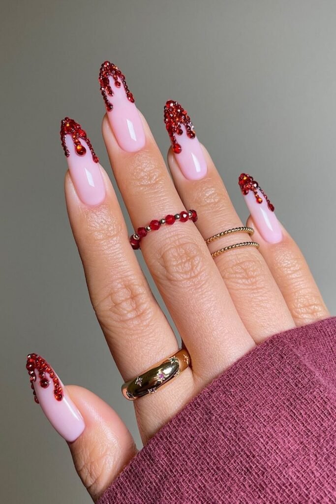 Red Rhinestone Drip Nails