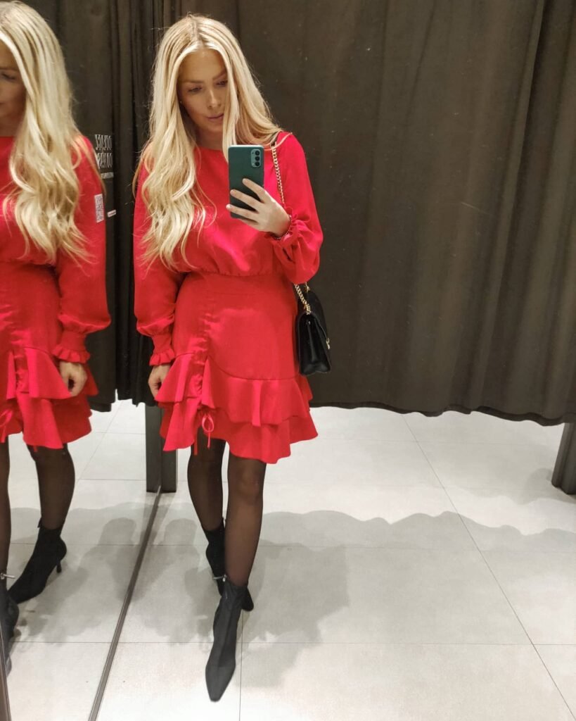 Red Ruffle Mini Dress With Tights and Ankle Boots