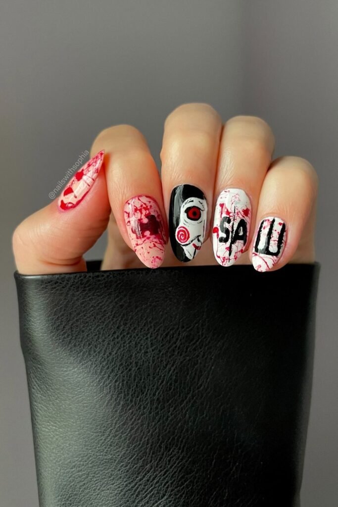 Red Splatter Horror Nails With Graphic Black Details