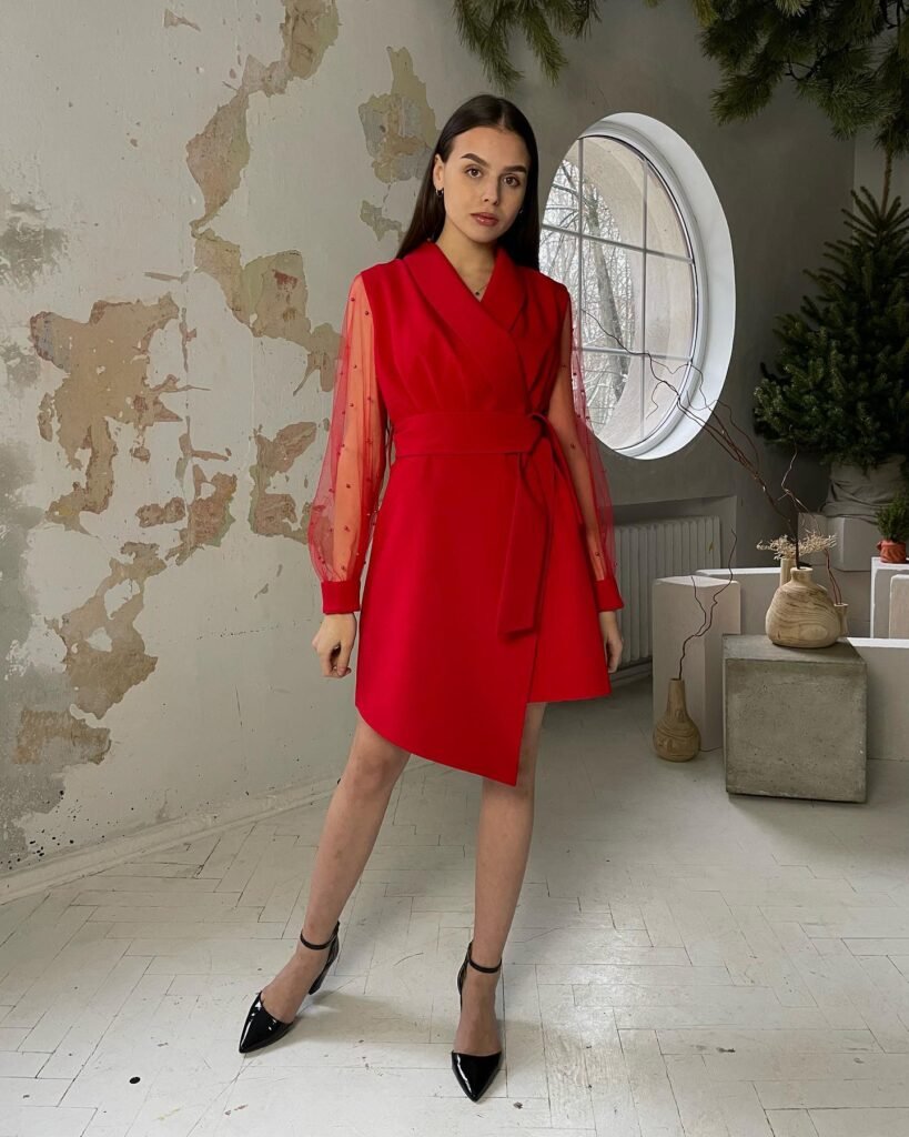 Red Wrap Dress With Sheer Beaded Sleeves