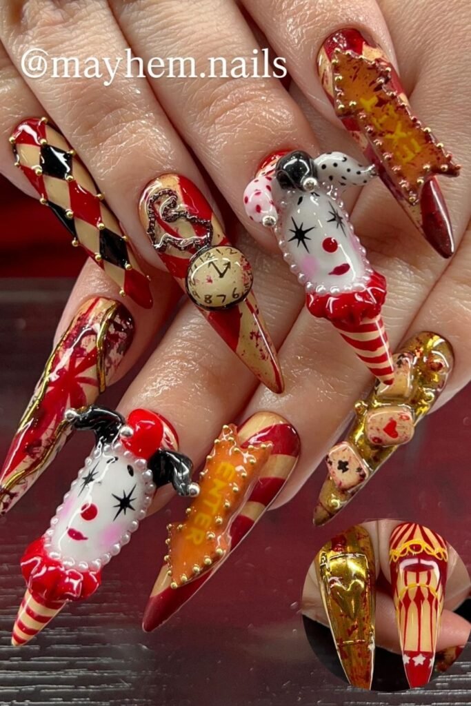 Red and Gold Creepy Carnival Nails