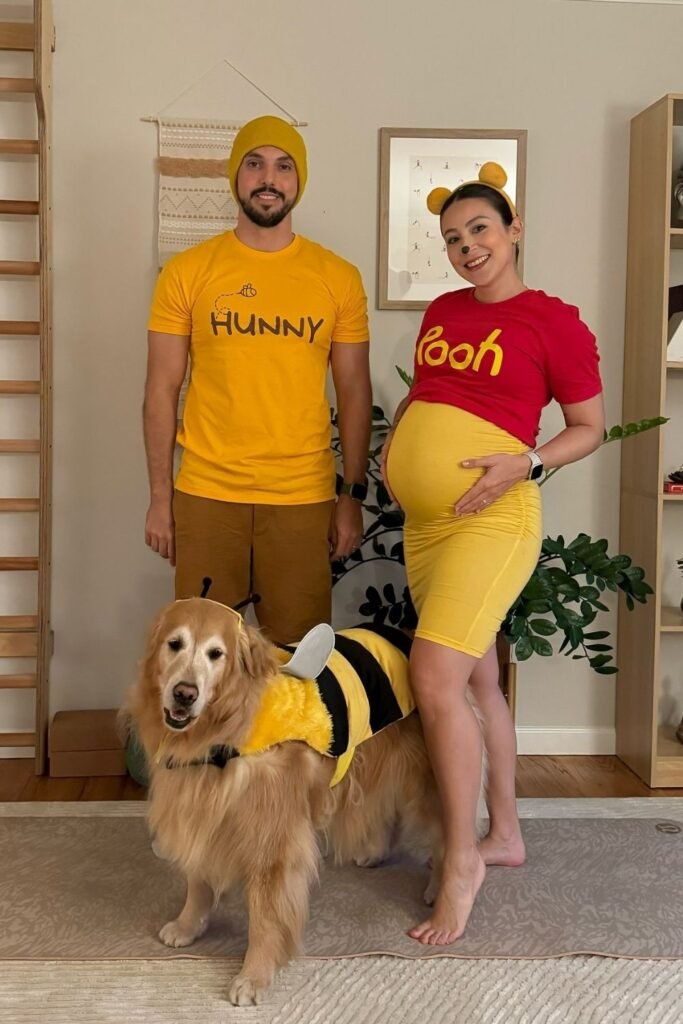 Red and Yellow Bear Costume With a Family Bee Theme