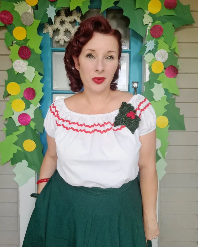 Retro Holiday Blouse and Green Skirt