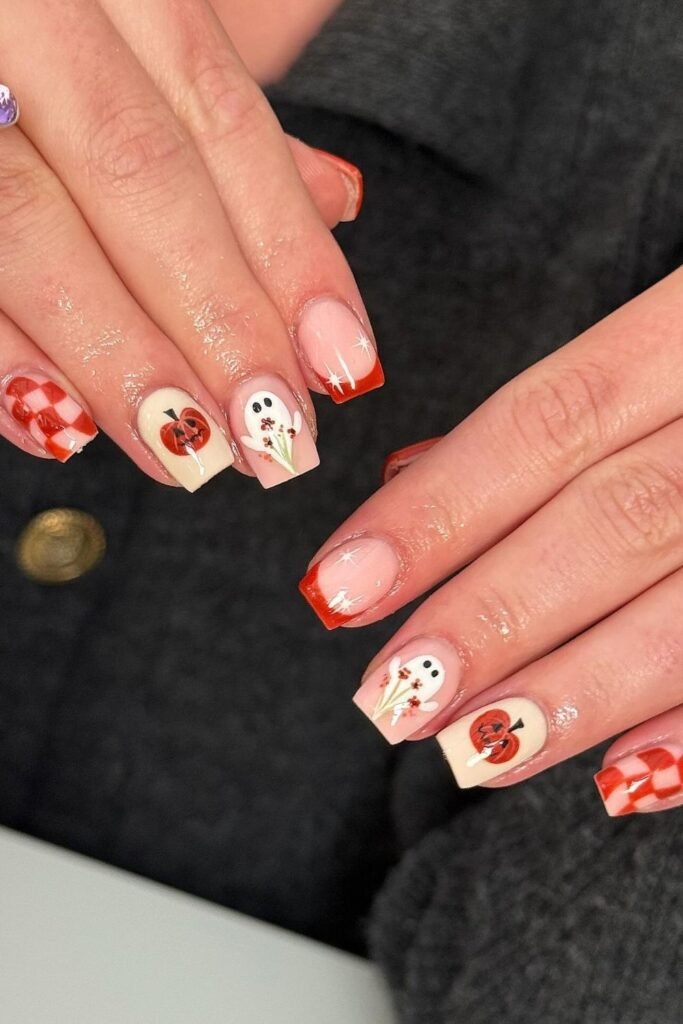 Retro Orange Ghost and Pumpkin Nails