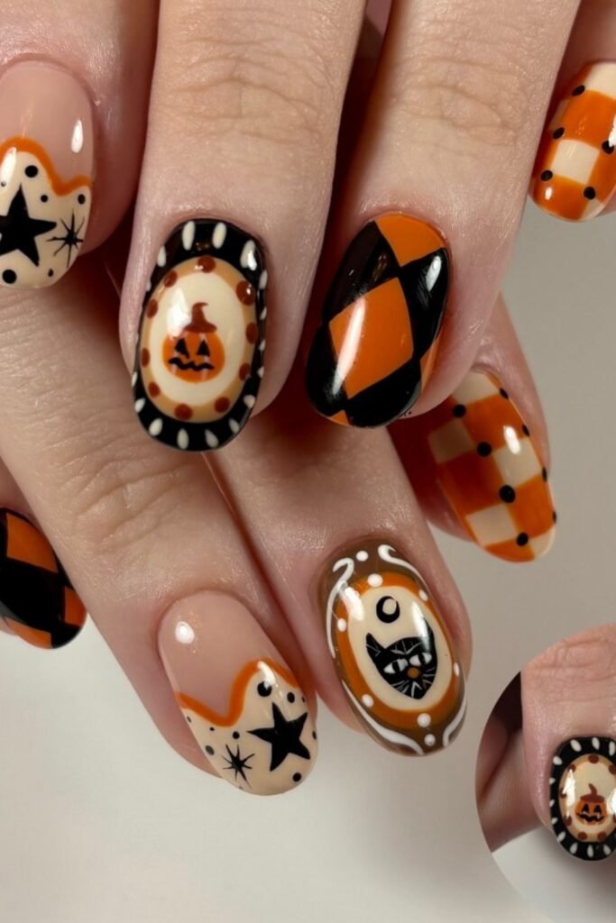 Retro Orange and Black Halloween Cute Nails