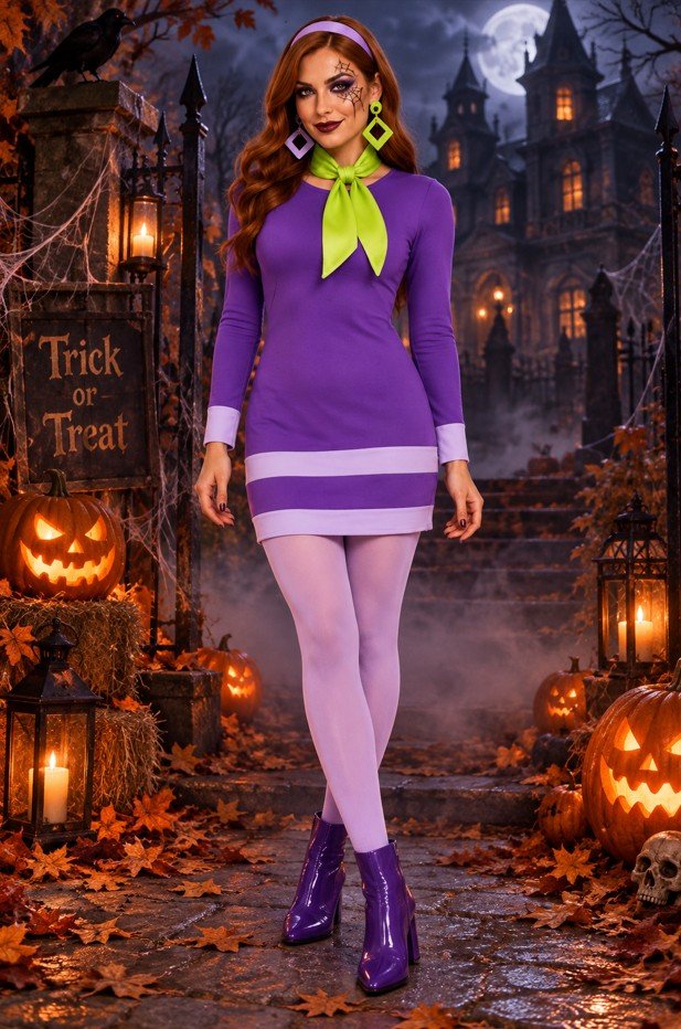 Retro Purple Mini Dress With a Lime Green Scarf