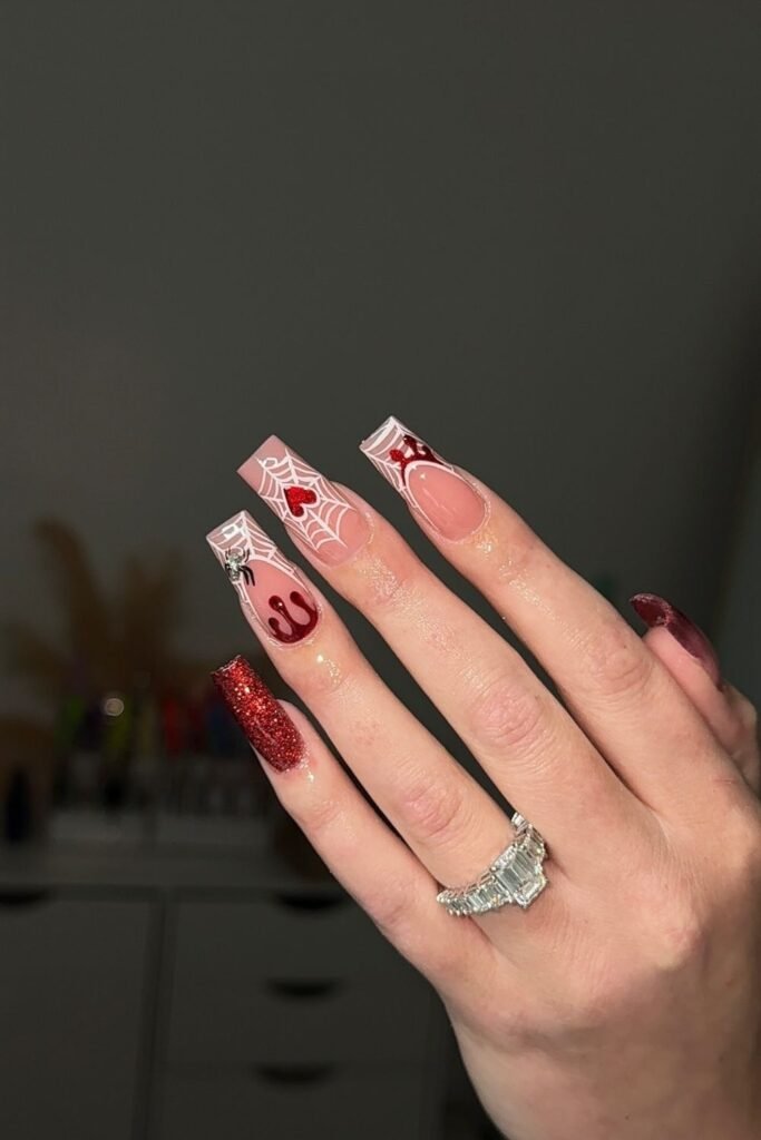 Rosy Nude Halloween Nails With Crimson Drama
