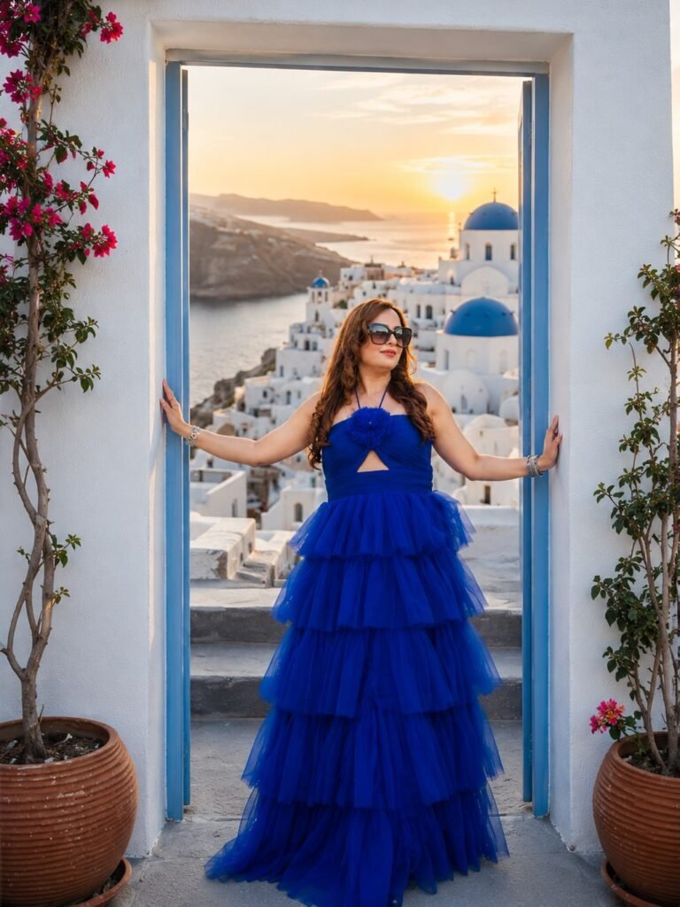 Royal Blue Tiered Gown for Sunset Photos in Santorini
