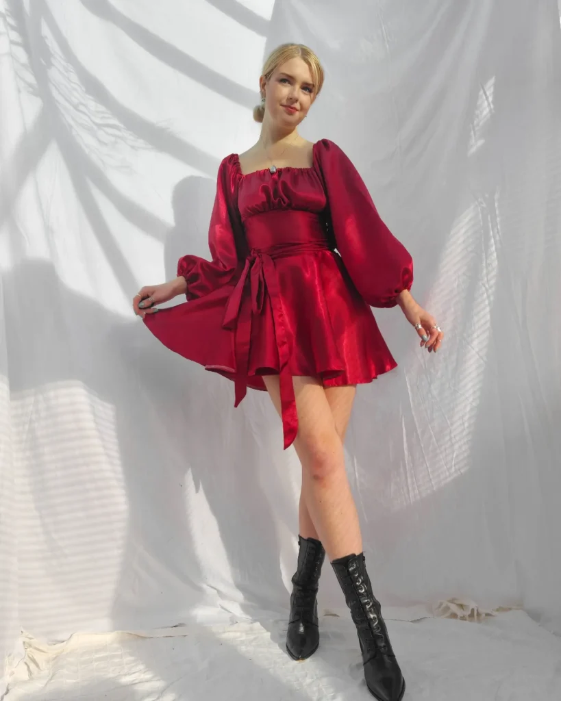Ruby Satin Mini Dress With Black Lace-Up Boots