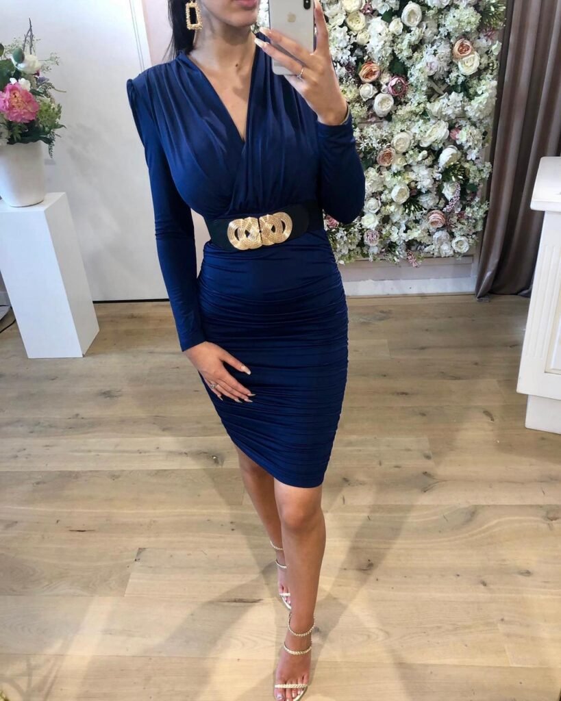 Ruched Navy Dress With a Bold Gold Belt