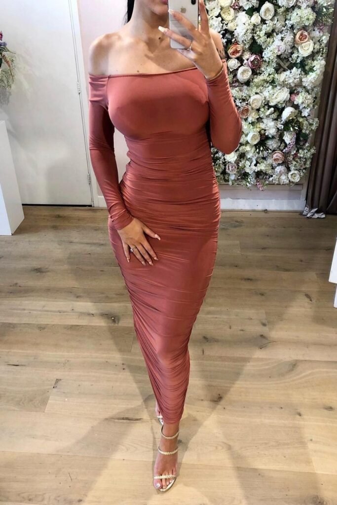 Ruched Rose Column Dress With Delicate Heels