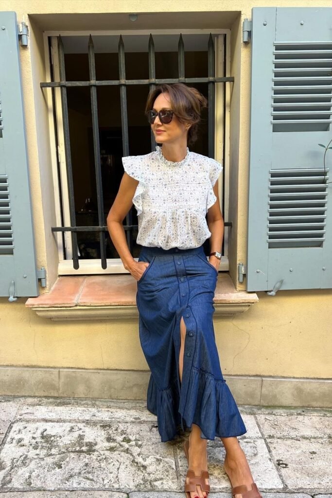 Ruffle Blouse With a Button Front Denim Maxi Skirt