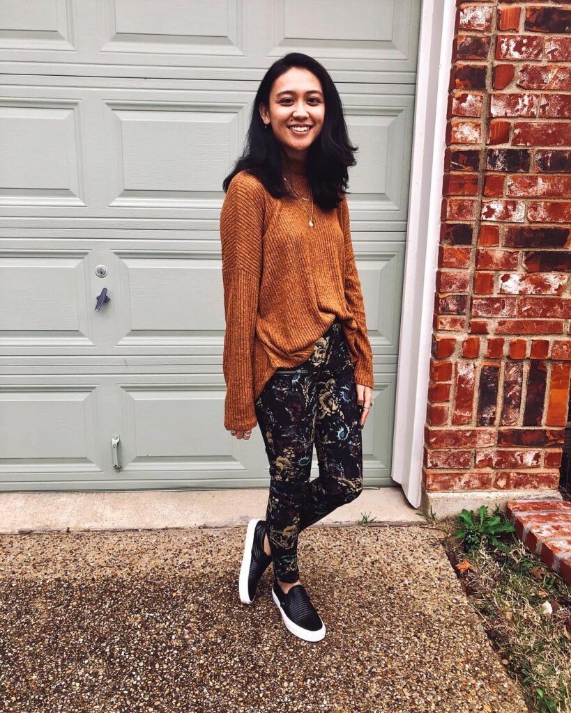 Rust Knit With Floral Trousers and Slip On Sneakers