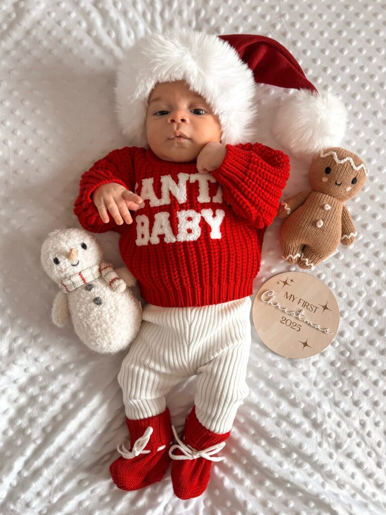 Santa Hat, Chunky Red Sweater, and First Christmas Keepsakes