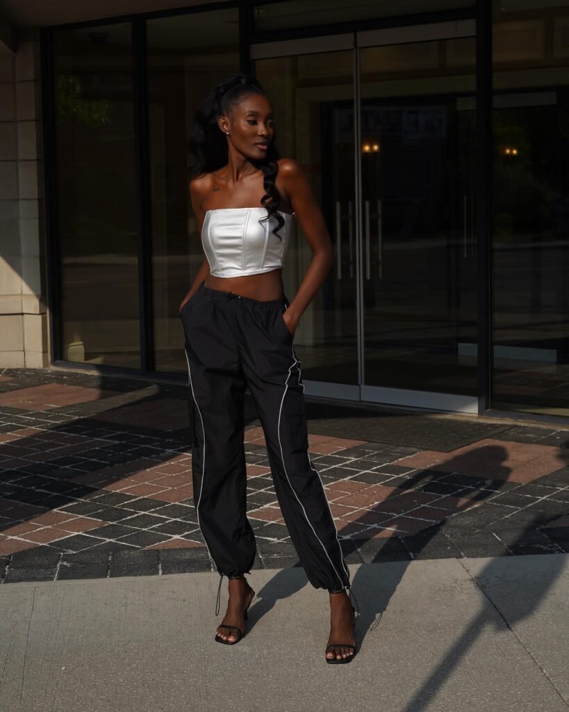Satin Corset Top With Sporty Cargo Pants