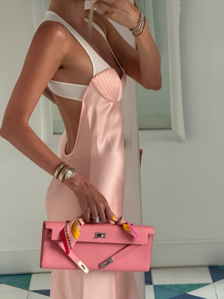 Satin Pink Dress With White Contrast Straps