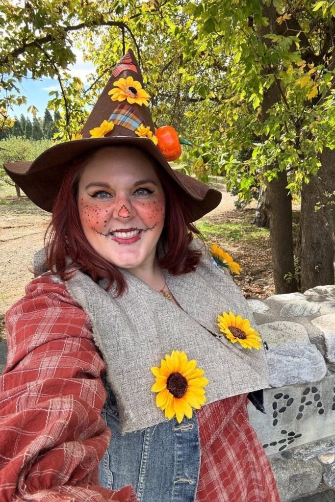 Scarecrow Costume With Plaid, Burlap, and Sunflowers