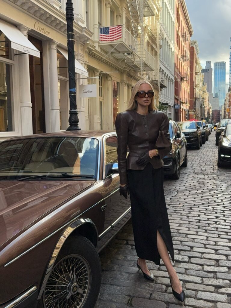 Sculpted Leather Jacket and a Black Slit Skirt