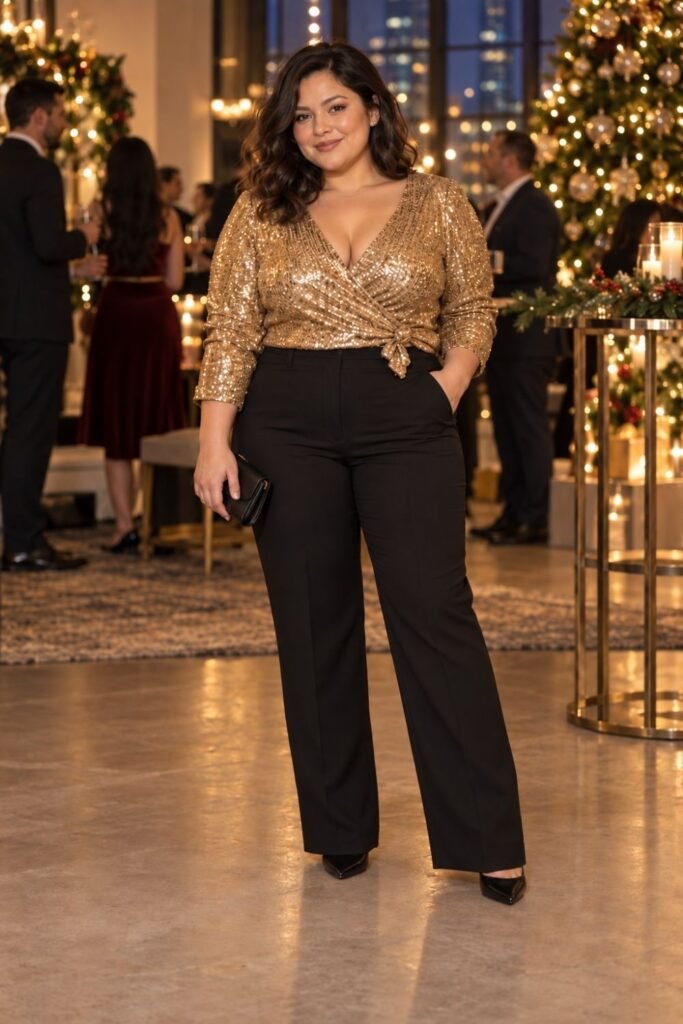 Sequin Wrap Top With Black Straight Leg Pants