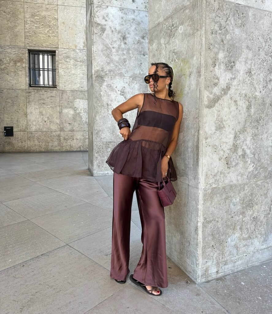Sheer Chocolate Top With Satin Trousers