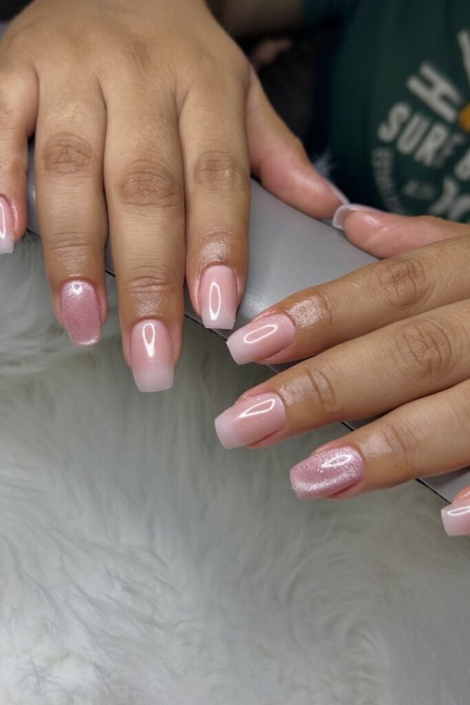 Sheer Pink Squares With Two Glitter Accent Nails